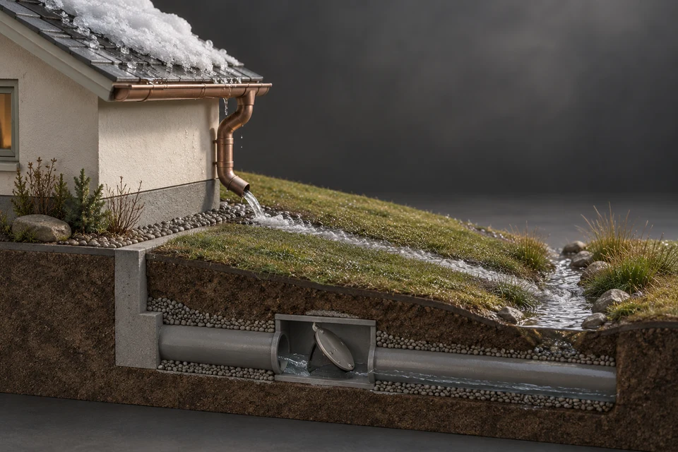 Conceptual illustration of roof drainage · lot runoff · backflow protection