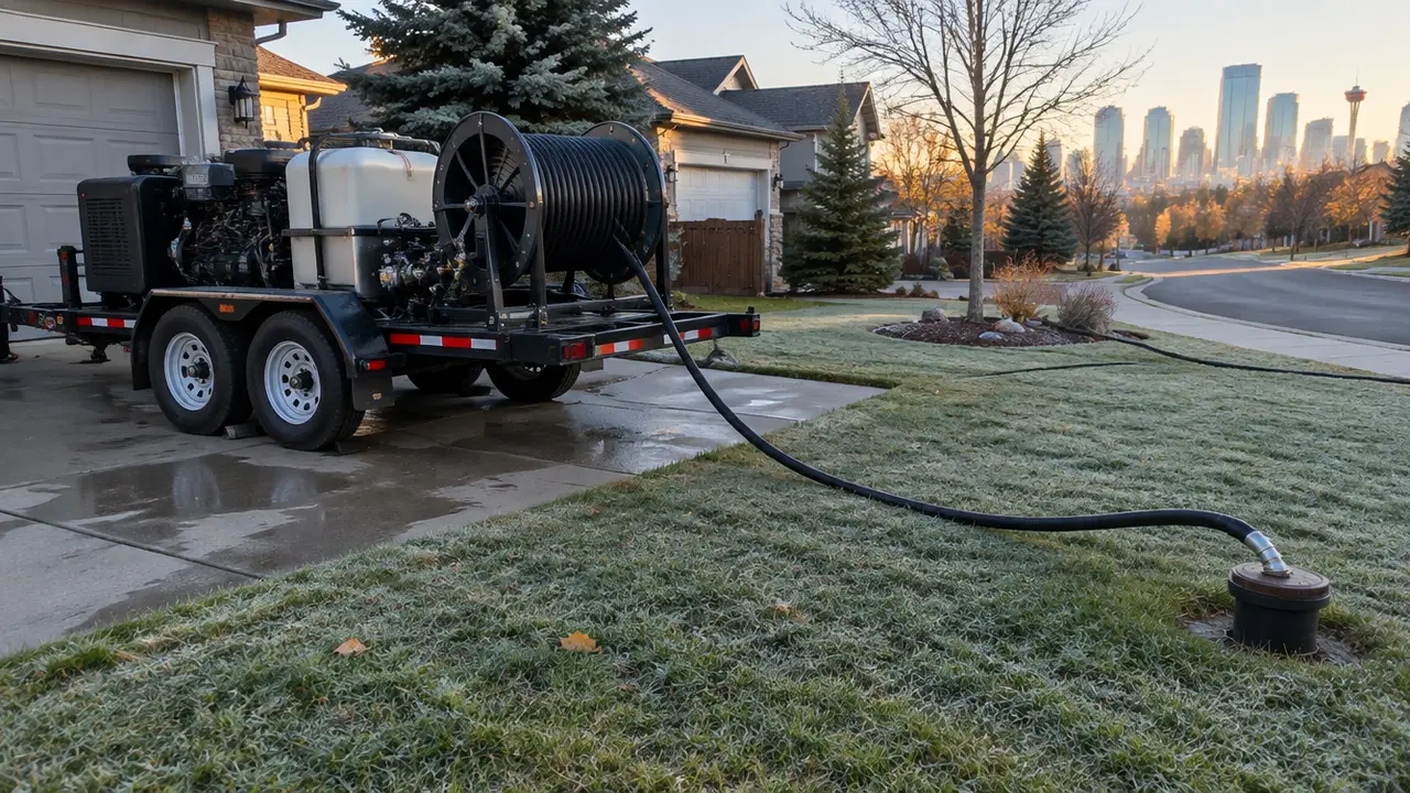 A trailer-mounted hydro-jetter on a driveway with its hose run to a cleanout
